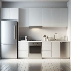 an empty kitchen with white cabinets and stainless steel appliance in the center,