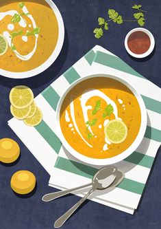 two bowls of soup with lemons and garnishes