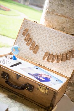 an open suitcase sitting on top of a table next to a sign that says happy birthday