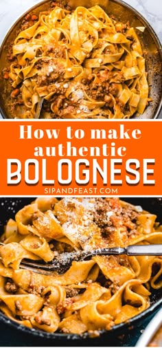 a skillet filled with pasta and sauce on top of a white countertop next to an orange sign that says how to make authentic bolognesiane