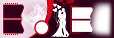 a red and white photo with the word e on it's side, next to an image of a bride and groom