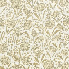 a white and gold wallpaper with flowers on it