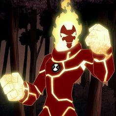 a person in a red costume holding two glowing hands