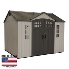 a small storage shed with an american flag on the side and text made in the usa