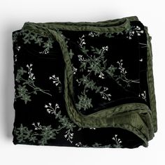 Juniper: embroidered silk velvet blanket folded with its corners folded back showing the trim contrast - overhead and against a white background. Wine Machine, Velvet Throw Blanket, Dark Home Decor, Bed End, Vintage Chinoiserie, Dark Home, Silk Linen, Velvet Throw, Pale Gold