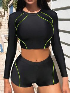 Contrast Binding Shorts Bikini Swimsuit | SHEIN USA Rash Guard Women Swimwear, Swimwear With Shorts, Bathing Suit Shorts, Swim Shorts Women, Long Sleeve Swim, Rash Guard Women