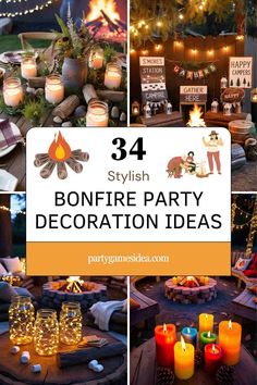 bonfire party decoration ideas with candles and decorations on the table in front of fire pit