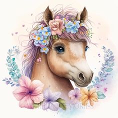 a painting of a horse with flowers on it's head