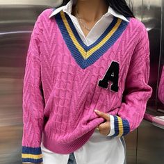 Super Soft, Extremely Well Made Drip Shoulder Varsity Sweater. Trendy Sweater For College In Spring, Trendy Spring Sweater For College, Trendy College Sweater For Spring, Preppy Knit Sweater For Fall, Long Sleeve Sweater For College In Spring, Sporty Spring Knit Sweater, Sporty Knit Sweater For Spring, Spring College Sweater With Ribbed Cuffs, Pink Casual Sweater For College