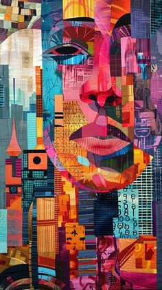 an abstract painting of a woman's face surrounded by multicolored buildings and skyscrapers