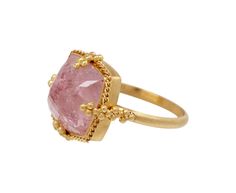 Stunning in its soft tones of pink, this Amali ring perfectly balances modern design and classic elements. The perfectly pink square morganite has a dramatically faceted surface which rises to an apex. It is encased in an 18K yellow gold bezel with braided edges and meticulously hand wrought granulation on each side. It is centered on the 18K gold band. ring face : j5/8" x 5/8"morganite : 12mm x 11mm : 10.38ct18K yellow gold band width : 2mmsize available : 6.75please contact us for sizing optio Luxury Pink Jewelry With Bezel Setting, Luxury Rectangular Pink Rings, Luxury Pink Rectangular Rings, Jewelry Facts, Daniela Villegas, Twist Jewelry, Alice Cicolini, Pink Square, Morganite Ring