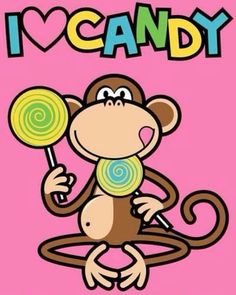 a cartoon monkey holding a lollipop in its hand and the words i love candy