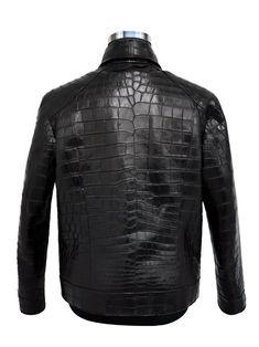 Made with exotic alligator skin, this Men's jacket is a luxurious, hand-made item crafted with bespoke attention to detail. The meticulous construction of this statement piece ensures durability, comfort and style. Its unique design makes it a one-of-a-kind item, suitable for any occasion. Select from our standard sizing or send us your measurements for a tailored fit. Can be customized per your requirements, simply leave customization instructions in notes section upon checkout. Genuine exotic alligator skin Two interior breast pockets Two exterior side pockets Double zip function Zippered cuff Maison Kingsley hardware badges on interior neck (optional) Luxurious silk lining Bespoke, hand-made, customizable Select your hardware tone (gold, silver or black) Select your interior lining colo Fitted Luxury Leather Jacket With Crocodile Pattern, Luxury Fitted Leather Jacket With Crocodile Pattern, Luxury Long Sleeve Leather Jacket With Crocodile Pattern, Luxury Long Sleeve Outerwear With Crocodile Pattern, American Alligator, Jodhpur Boots, Black Alligator, Double Monk Strap, Botas Chelsea