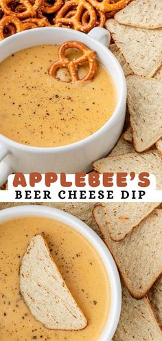 two bowls of applebee's beer cheese dip with pretzels on the side