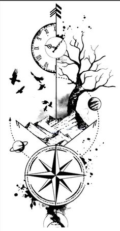 a black and white drawing of a tree with a compass on it