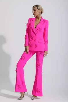 Pink Festive Workwear Sets, Festive Pink Workwear Sets, Glamorous Spring Wedding Blazer, Elegant Floral Print Long-sleeved Suits, Elegant Long Sleeve Suits With Floral Print, Spring Wedding Guest Suit With Long Sleeves, Chic Floral Print Festive Sets, Chic Floral Print Sets For Festive Occasions, Chic Festive Sets With Floral Print