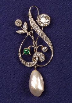 Edwardian Diamond, Pearl and Emerald Pin, the scrolling floral design set with old European-cut diamonds, approx. total wt. 1.5 cts., with freshwater pearl drop, emerald highlight, millegrain accents, (replaced pin stem). Diamonds And Pearls, Tiara Ring, Diamond Tiara, 판타지 아트