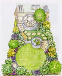 a drawing of a garden with steps leading up to the water fountain and seating area