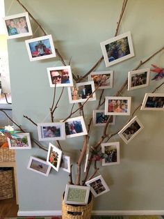 a tree with pictures hanging on it in front of a wall filled with family photos