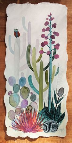 an image of a painting on paper with cactuses and flowers in it's center