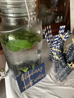 a table topped with glasses filled with water and blueberries next to a jar full of ice