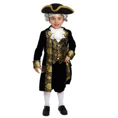 a little boy in a pirate costume standing on a white background with his hands in his pockets