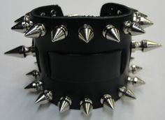 Wide Leather Biker Punk Goth Watch Band Cuff Bracelet W/Buckle Usa With Spikes Punk Style Leather Jewelry With Wrist Strap, Punk Leather Jewelry With Wrist Strap, Punk Leather Wrist Strap Jewelry, Adjustable Punk Bracelets For Biker Events, Punk Leather Wristband, Punk Style Leather Wristband As Gift, Punk Style Leather Jewelry With Black Band, Punk Leather Wristband Gift, Punk Leather Jewelry With Black Band