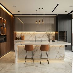 a kitchen with marble counter tops and bar stools next to an island in the middle