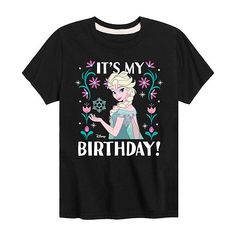 Celebrate your little love's birthday with her favorite characters thanks to this Disney Collection Frozen graphic t-shirt for little and big girls. Made from 100% cotton, it has a crew neckline, short sleeves, and a birthday inspired front graphic. Style it with jeans or shorts. Character: FrozenClosure Type: Pullover HeadFit: Regular FitNeckline: Crew NeckSleeve Length: Short SleeveFiber Content: 100% CottonFabric Description: KnitCare: Machine Wash, Tumble DryCountry of Origin: Imported Tops Graphic, Graphic Style, Crew Neckline, Favorite Character, Shirts Tops, Graphic T Shirt, Frozen, Graphic Tshirt, Short Sleeves