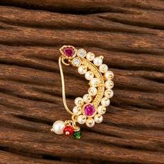 Gold Rodium Polish Red and Maroon color Nose Ring in Brass studded with Austrian diamond, Pearl Red Metal Rings For Wedding, Maroon Color, Pearl Color, Brass Metal, Nose Ring, Brass, Ring, Stone, Red