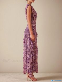 Orcajump - Sleeveless Waist-hugging Dress with Pleats and Ruffled Hemline for Women Fitted Sleeveless Purple Maxi Dress, Fitted Purple Sleeveless Maxi Dress, Sleeveless Ruched Purple Maxi Dress, Dress With Pleats, Basic Skirt, Home Dress, Striped Maxi, Party Dress Long, Types Of Skirts