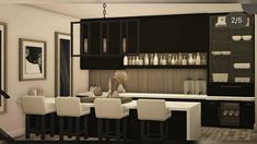 a modern kitchen with black cabinets and white bar stools in the center, along with pictures on the wall