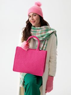 Make a trendy seasonal update to your staple handbag styles with Shiraleah’s Billie Tote. This classic square tote bag with top handles is has been updated with our favorite trendy material. Made from vibrant pink, textured boucle fabric and roomy enough for all your cold weather essentials, it’s the perfect accessory to carry throughout the winter season. Pair with matching items in the Billie Collection or other Shiraleah favorites to complete your look! Shiraleah is a trend-driven lifestyle b Rectangular Box Bag For Shopping In Spring, Trendy Rectangular Crochet Bag, Textured Top Handle Bags For Everyday Use, Pink Square Bag For Spring, Spring Box Bag With Top Carry Handle For Shopping, Trendy Tote Box Bag With Braided Handles, Spring Rectangular Box Bag For Shopping, Spring Shopping Box Bag With Top Handle, Spring Shopping Box Bag With Top Carry Handle