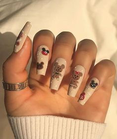 Disney Themed Nails Acrylic Christmas, Nail Learning, Disneyland Nails, Disney Christmas Nails, Mickey Mouse Nails, Disney Inspired Nails, Disney Acrylic Nails, Mickey Nails, Winter Nails Acrylic