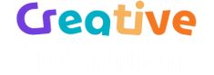 the word creative written in multicolored letters on a white background with an orange and blue stripe