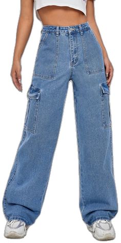 Non-stretch Denim Utility Jeans, Non-stretch Utility Denim Jeans, Utility Non-stretch Denim Jeans, Trendy Wide Leg Non-stretch Cargo Jeans, Non-stretch Trendy Full Length Cargo Jeans, Non-stretch Straight Leg Utility Bottoms, Versatile Wide Leg Relaxed Fit Cargo Jeans, Straight Denim Cargo Pants, Full Length Non-stretch Denim Cargo Pants