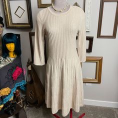 Nanette By Nanette Lepore, Party Dress, Crew Neck, Knit, Stretch, Champagne, Metallic, Shimmer, 3/4 Sleeve, Stretch, Ribbed, Style, Chic, Ootd, Party, Brunch, Statement, Festival Size Large Shoulder 15” Bust 17” Waist 15” Length 40” Measured Flat Smoke Free, Pet Free Home Mneskin Ootd Party, Black Lace Overlay Dress, Chic Ootd, On My Knees, Fitted Sheath Dress, Summer Sundress, Ponte Dress, Chiffon Midi Dress, Mock Neck Dress