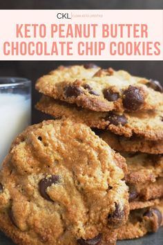 keto peanut butter chocolate chip cookies stacked on top of each other next to a glass of milk