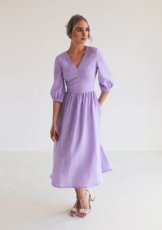 Linen Puff Sleeve Dress MADELEINE Calf Length V Neck Dress - Etsy Linen Puff Sleeve Dress, Dress For Women Wedding, Calf Length Dress, Dress Open Back, Purple Outfits, Dress For Woman, Puff Sleeve Dress, Open Back Dresses, Puffed Sleeves Dress