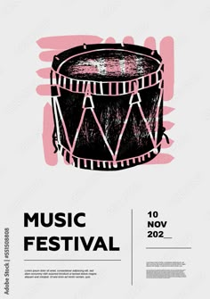 the poster for music festival with an image of a drum on it's side