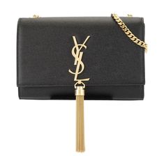 Saint Laurent gourmette chain shoulder bag with interlocking metal YSL signature and tassel. Grained leather Measurements: 7.8”x4.9”x2.0” Country of Origin: Made in Italy Ysl Kate Bag, Ysl Kate, Ysl Purse, Kate Bags, Monogram Neverfull, Leather Texture, Chain Shoulder Bag, New Yorker, Small Bag