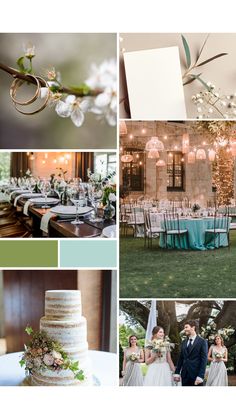 a collage of wedding photos with flowers and greenery