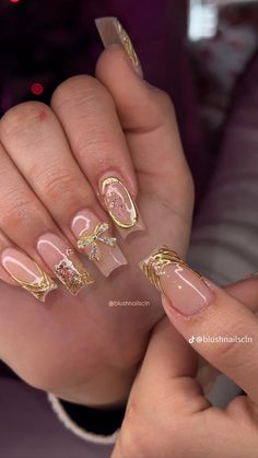 Gel D Nails, Pink And Gold Square Nails, Summer Gold Nails, Gold Coffin Nail Ideas, J On Nails, Nails With Golden Details, Virgin Nails, Birthday Nails Capricorn, January Birthday Nails