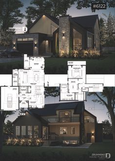 two story house plan with three levels and lots of windows on the second floor, along with