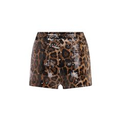 Leopard print mini shorts made of stretchy sequin fabric. It is lined. Style Tip: Wear it with Aurora shirt Dry Clean Only High-waisted Sequin Shorts For Summer, Sequin High-waisted Shorts For Summer, Sequin Shorts For Night Out, Chic Fitted Sequin Shorts, Glamorous Fitted Sequined Shorts, Chic Sequined Shorts For Summer, Stretch Sequin Shorts, Fitted High-waisted Sequin Shorts, Summer Party Leopard Print Bottoms