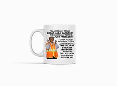 a white coffee mug with an image of a worker