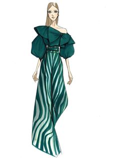 a drawing of a woman in a green dress with zebra print on it's skirt