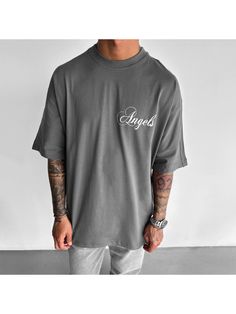 Men Youth T-Shirts, Oversize Reverse Angels T-Shirt Gray Letter Print T-shirt For Streetwear, Oversized Gray Tops With Logo Print, Oversized Gray Top With Logo Print, Gray Urban Crew Neck T-shirt, Oversized Gray T-shirt With Text Print, Urban Style Gray T-shirt With Logo Print, Urban Gray T-shirt With Letter Print, Gray Crew Neck Top For Streetwear, Gray Short Sleeve Tops For Streetwear