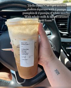 a person holding up a cup of coffee in their hand with the words hello there can't get an iced shaker espresso with 2 pumps pumpkin & 3 pumps of