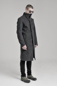 "PHANTOM CHARCOAL WASHED DENIM COAT __SLIM FIT __RAW HEM __ZIPPER CLOSURE __WASHED HEAVY DENIM __2 FRONT POCKETS __1 INTERIOR POCKET __1 REAR POCKET __ARM SHAPED SLEEVES __SCAR STITCHED SLEEVE DETAILS __FULLY LINED model__ chest 103 (40.5\"), waist 77 (30.3\"), hips 96 (37.8\"), biceps 35 (13.8''), height 180 (5'11\"), kg 74 (163 lbs) model wears size M | color: charcoal, black lining fabric__ 100 washed heavy denim, lining: 100 cotton care__ dry clean sizing__ size XS (IT 44, US 34, JP 1) chest Urban Style Washed Outerwear For Fall, Urban Washed Outerwear For Fall, Fitted Black Washed Outerwear, Urban Fitted Outerwear With Button Closure, Fitted Urban Cotton Outerwear, Fitted Washed Outerwear With Long Sleeves, Fitted Cotton Urban Outerwear, Fitted Washed Outerwear For Work, Urban Washed Outerwear For Work